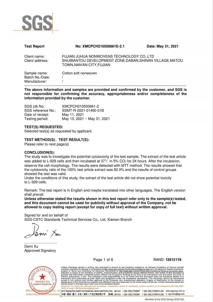 Non woven Fabric SGS Testing Report