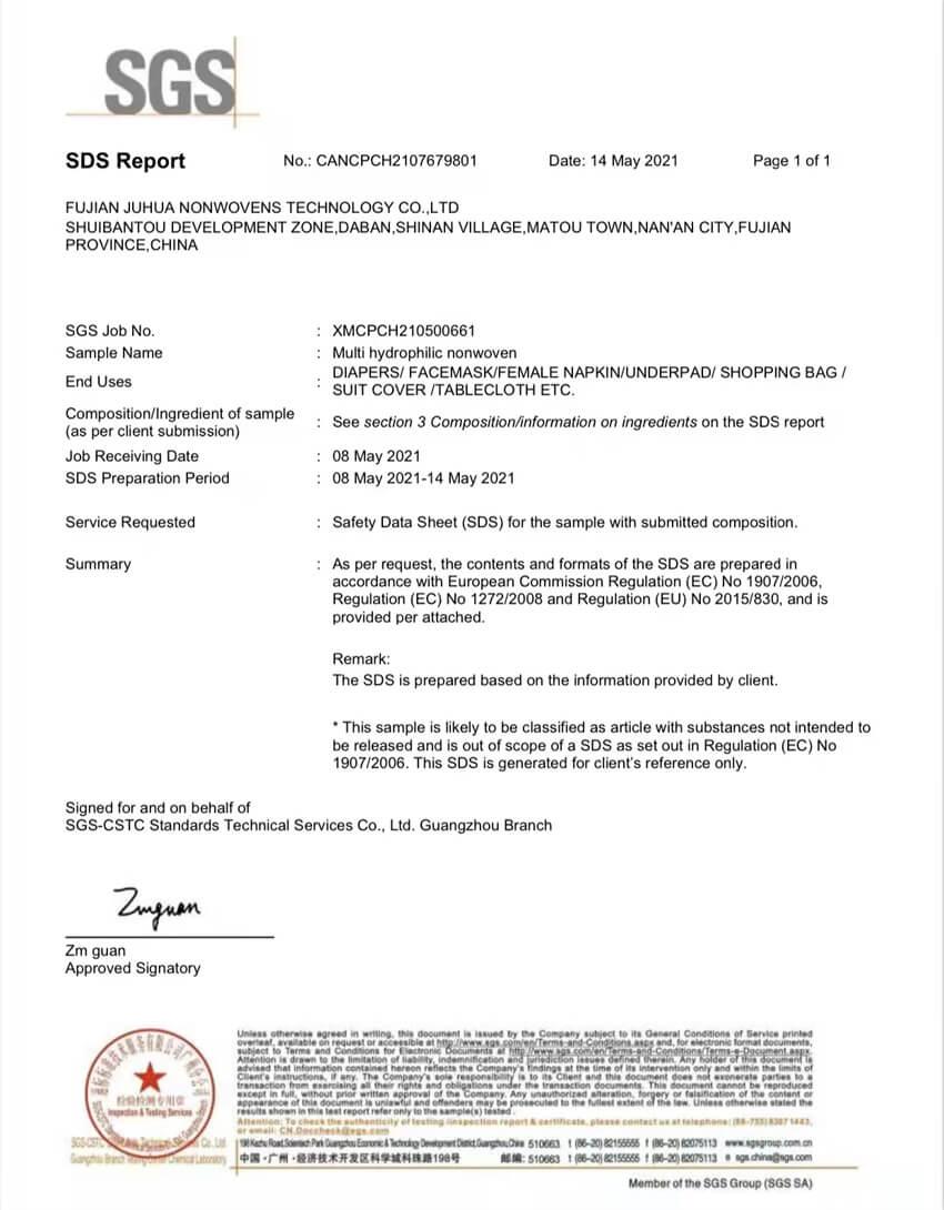 Non woven Fabric Roll SGS Testing Report