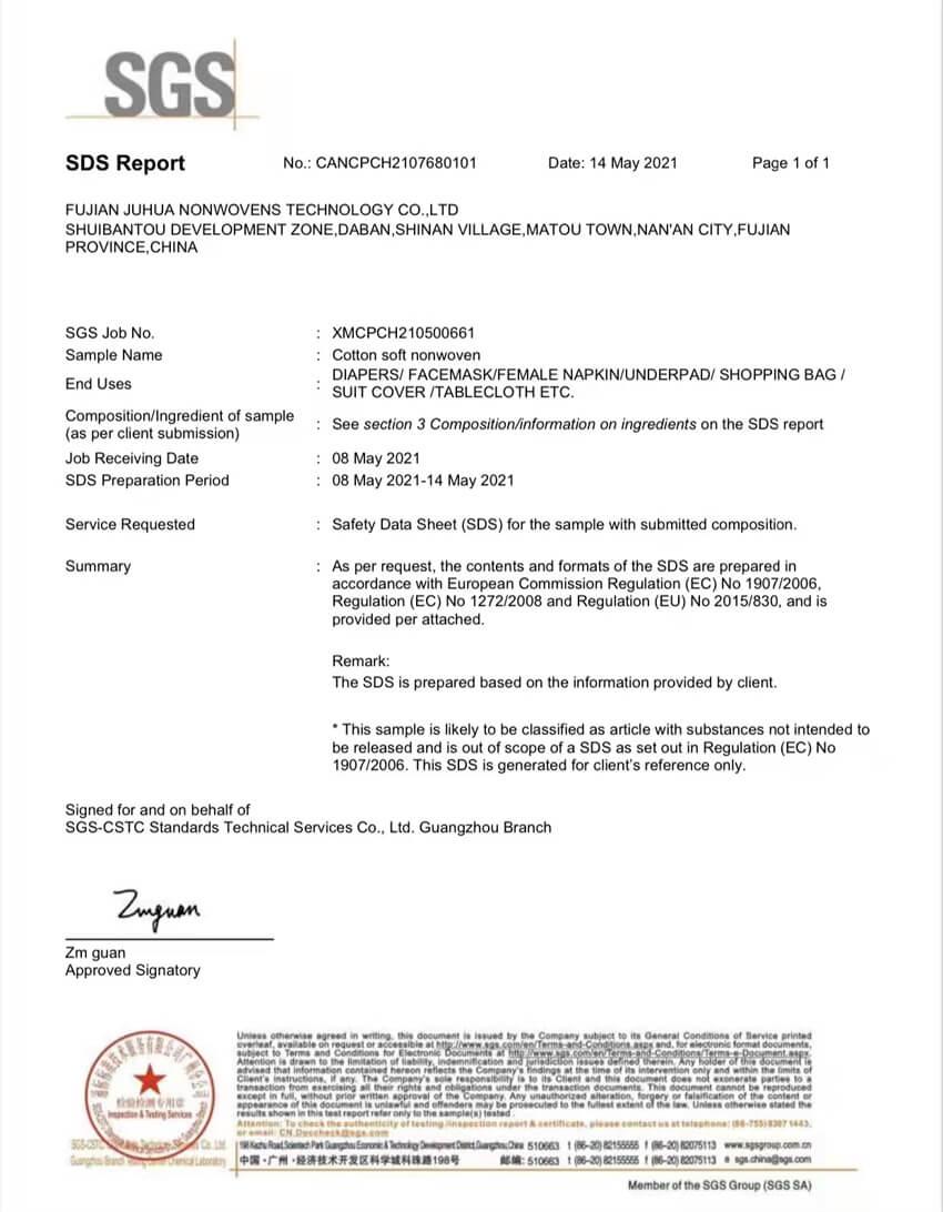 Non woven fabric SGS testing report 