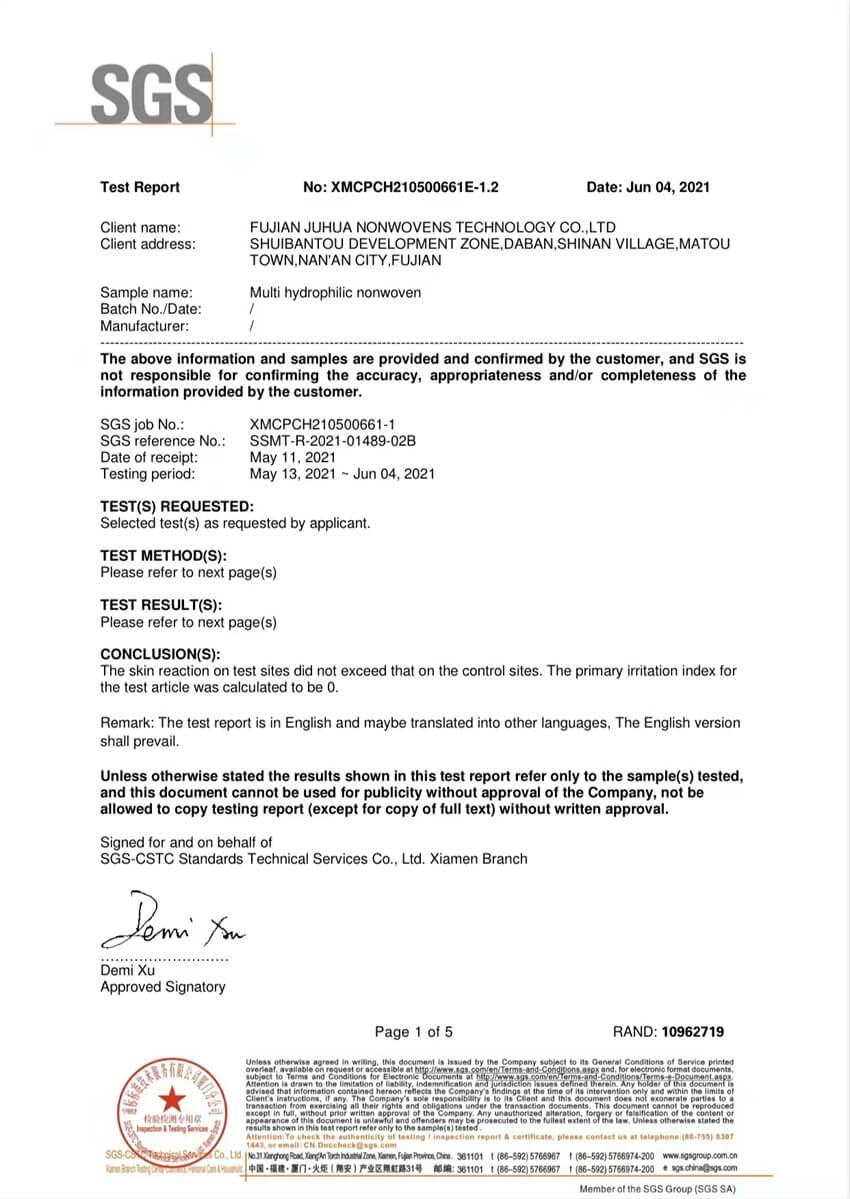 Non woven fabric SGS testing report 