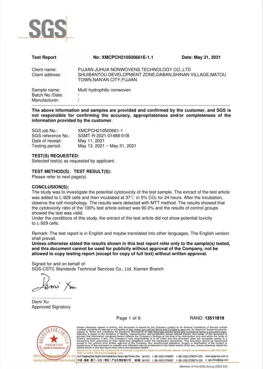 SSS Non woven Fabric SGS Testing Report