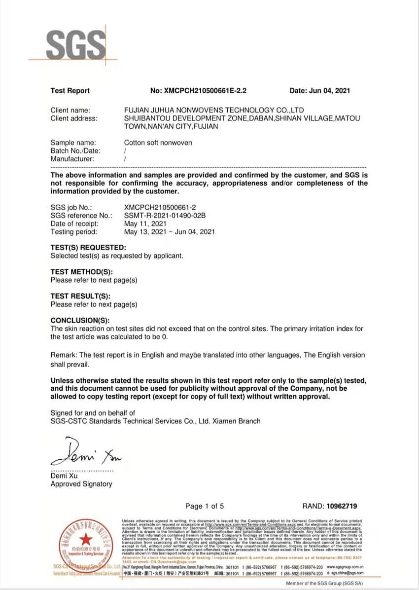 Disposable Non woven Fabric SGS Testing Report